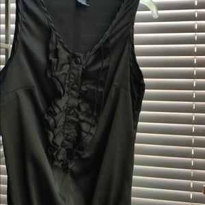 Black sleeveless cinched waist blouse
